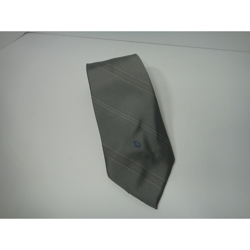Christian Dior Monsieur Tie Gray Striped Silk Blend Logo Vintage Made in USA EUC